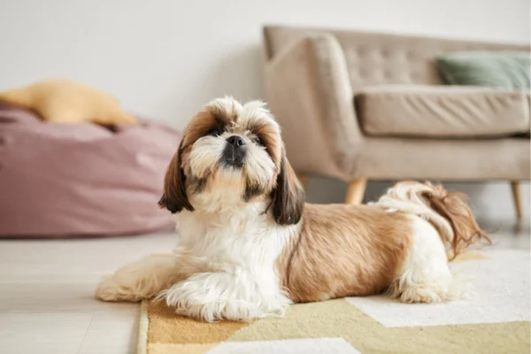 Imagem colorida de shih tzu deitado no chão da sala