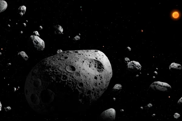 Ilustração colorida mostra asteroide gigante - Asteroide “assassino de cidades” passará perto da Lua em 2032 - Metrópoles