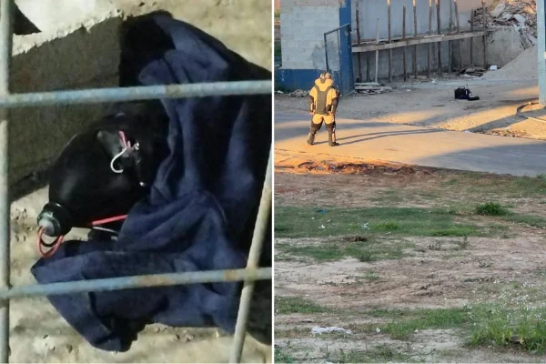 Montagem colorida mostra falsa bomba e equipes do esquedão antibombas da Polícia Militar do estado de São Paulo.