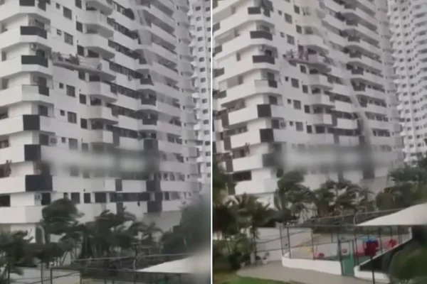 Montagem com fotos coloridas de pessoas presas em andaime durante ventania no Rio - Metrópoles