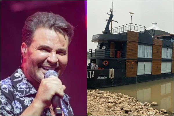 Mosaico com foto de Eduardo Costa e de barco encalhado no Pantanal