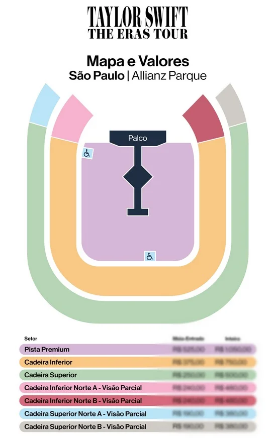 Mapa de assentos para o show de Taylor Swift Mapa de assentos para o show de Taylor Swift