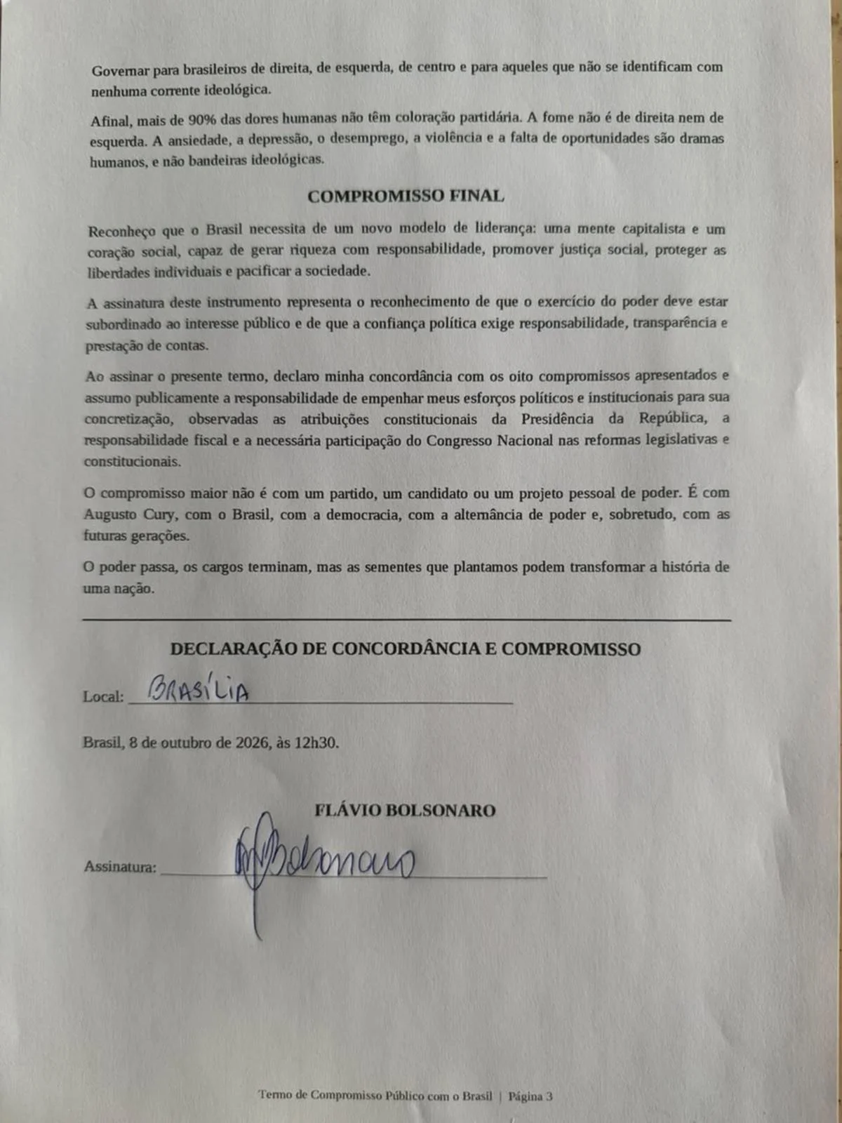 Carta assinada por Flávio Bolsonaro com compromissos firmados pelo apoio de Augusto Cury Carta assinada por Flávio Bolsonaro com compromissos firmados pelo apoio de Augusto Cury