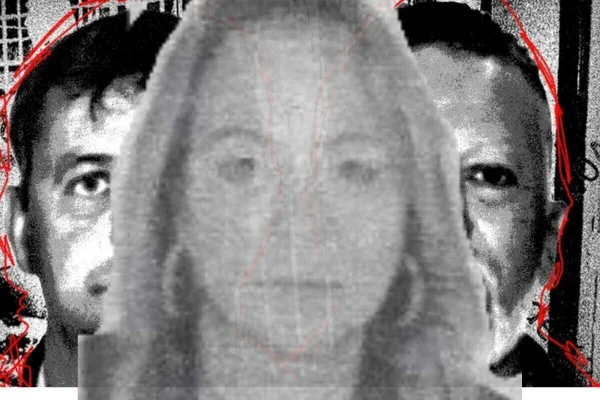 Arte gráfica na qual mulher branca, com cabelos loiros compridos, em retratao preto e branco rtranslúcida, está sobre o rosto de dois homens, também em preto e branco - Metrópoles