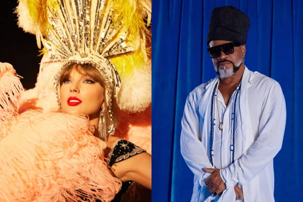 Montagem com fotos coloridas de Taylor Swift e Carlinhos Brown