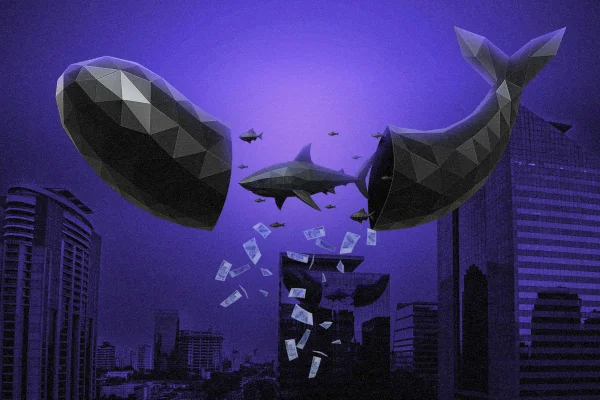 Imagem em 3D mostra notas de dinheiro sendo despejadas de uma baleia sobre prédios da Faria Lima, em São Paulo
