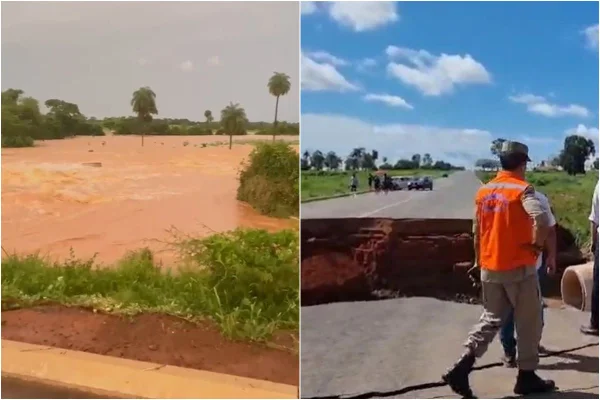 Foto colorida de pista rompida após chuva forte em Goiás em que família morreu - Metrópoles