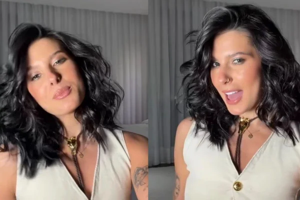 montagem com fotos coloridas da cantora Ana Castela mostrando o novo corte de cabelo