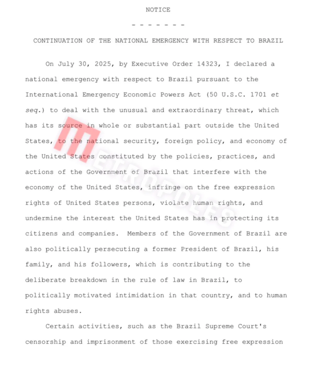 Governo Trump prorrogará estado de emergência contra o Brasil - imagem 1 Governo Trump prorrogará estado de emergência contra o Brasil - imagem 1
