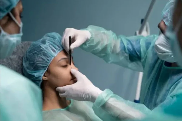 Foto colorida e ilustrativa de mulher fazendo cirurgia no naiz - Metrópoles