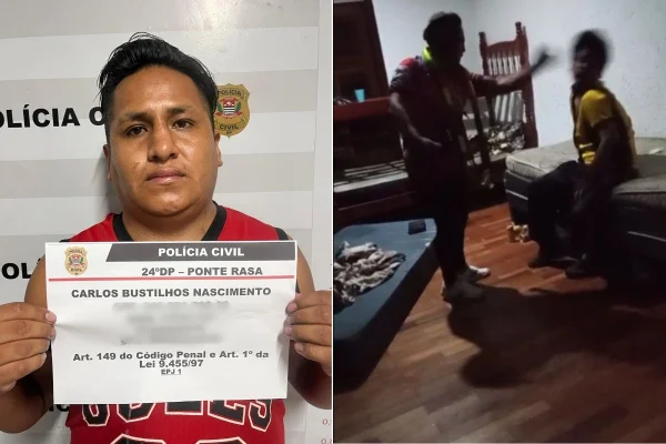 Montagem colorida mostra Carlos Bustillos (à esquerda) preso. A imagem da direita mostra agressão do suspeito.