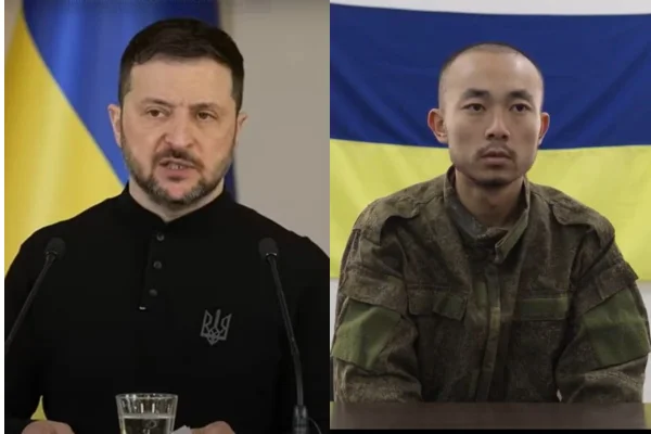 Imagem colorida de Zelensky e soldado chinês capturado - Metrópoles