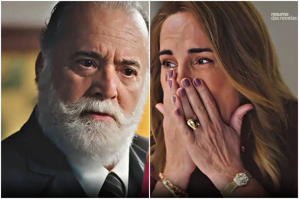 Montagem colorida com foto de Tony Ramos e Glória Pires como os personagens Antônio e Irene de Terra e Paixão