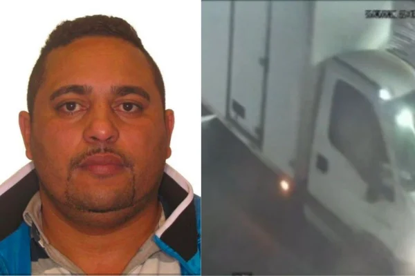 Montagem colorida com foto de homem e caminhão ao qual conduzia ao lado.