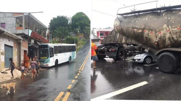 Acidentes em Manaus: ônibus invade casa e carreta tomba em cima de carro