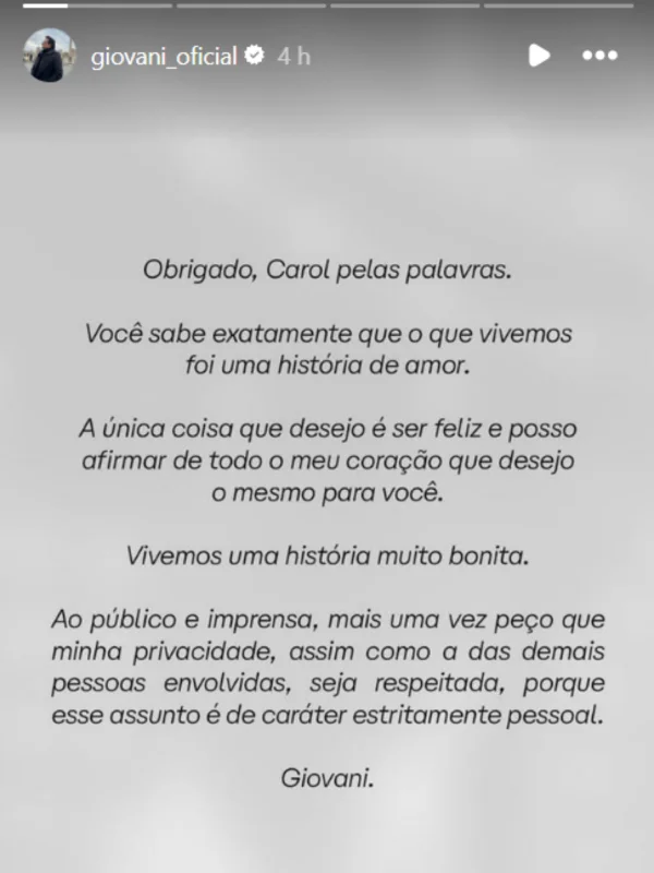 Giovani se manifesta após desabafo da ex e pede respeito à privacidade - destaque galeria Giovani se manifesta após desabafo da ex e pede respeito à privacidade - destaque galeria