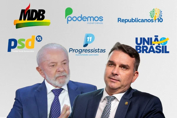 Montagem com as imagens de Lula e Flávio Bolsonaro, e as logos de Centrão