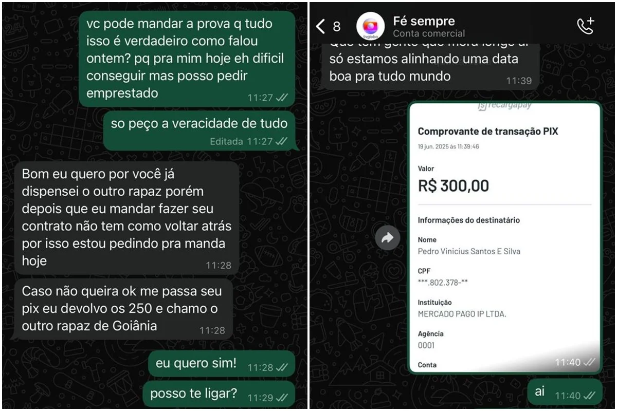 Prints da conversa entre o ator e o golpista Prints da conversa entre o ator e o golpista