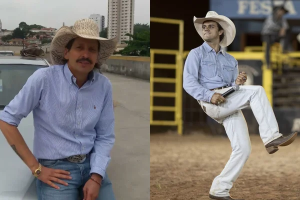 Montagem de imagens de Asa Branca na vida real (Esquerda) e Felipe Simas caracterizado como o locutor (Direita) — Metrópoles