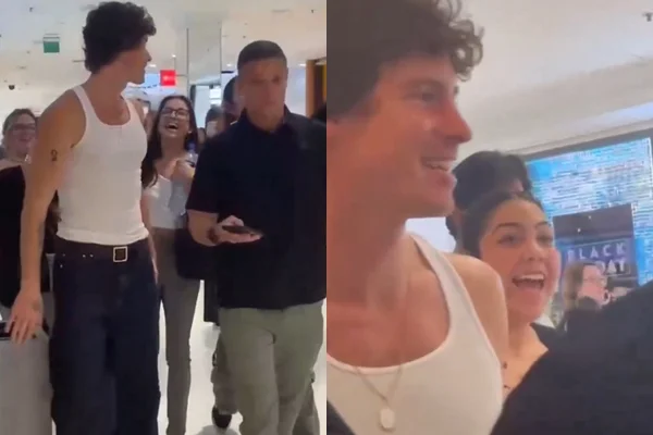 Montagem de imagens de Shawn Mendes passeando em shopping de SP