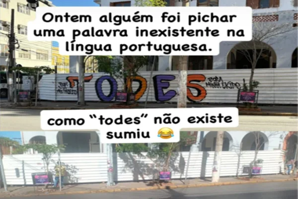 Imagem colorida, pichação com pronome neutro- Metrópoles