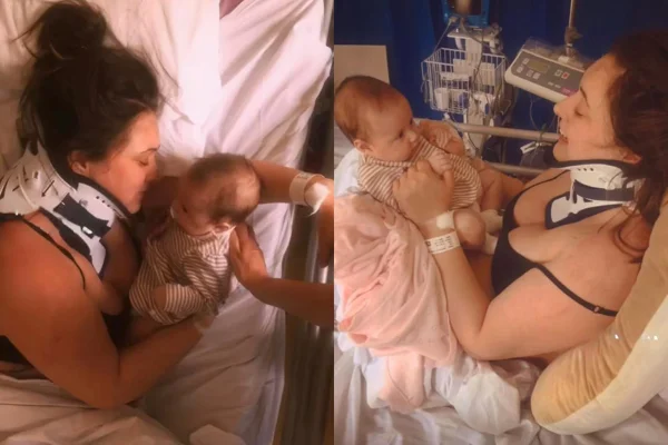 Hayley Black e sua bebe recem-nascida amelia, em 2016, após ela quebrar o pescoço ao bocejar