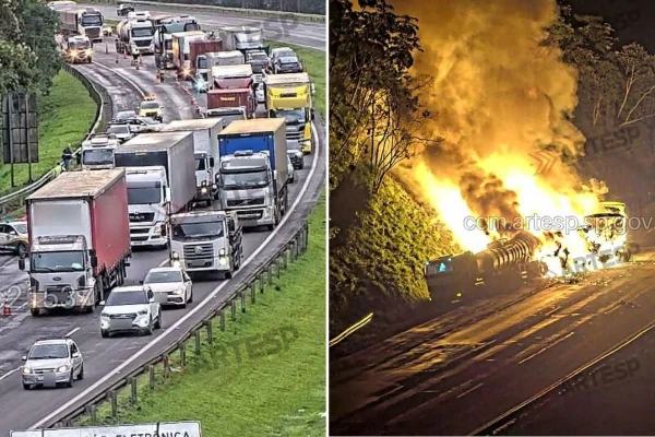 Imagem colorida mostra acidente entre carretas que terminou em incêndio. Metrópoles