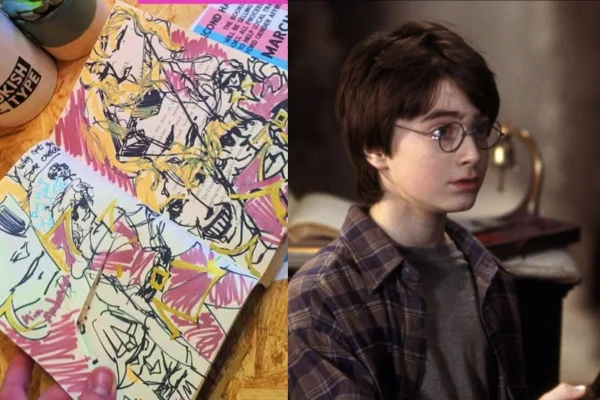 Montagem com foto de livro destruido e imagem de filme da saga Harry Potter
