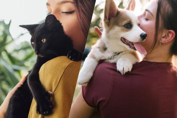 Montagem de duas imagens coloridas: a primeira, de uma mulher carregando um gato preto, a segunda, de uma mulher carregando um cachorro