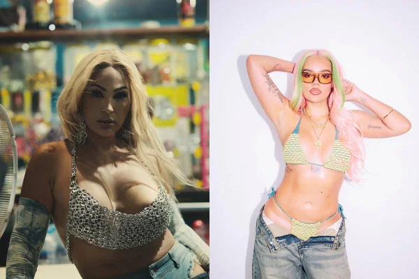 Montagem com fotos coloridas de Valesca Popozuda e Karol G - Metrópoles