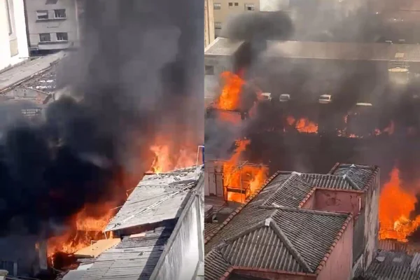 Montagem com duas fotos, nas quais barracos, levantados entre edificações, são consumidos por fogo - Metrópoles