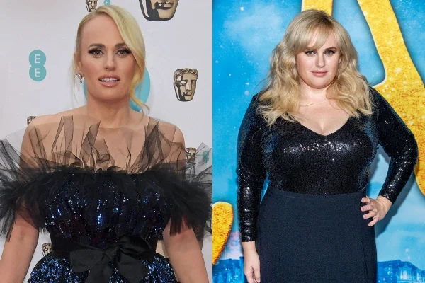 Foto colorida. Montagem com duas fotos da atriz Rebel Wilson. Ela está com vestidos pretos