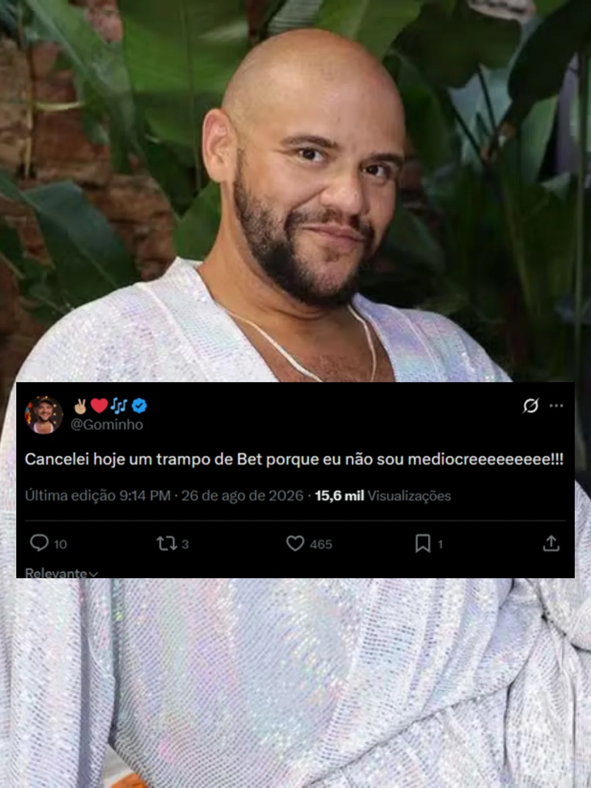 Gominho contou ter cancelado projeto de trabalho que envolvia casa de apostas. Gominho contou ter cancelado projeto de trabalho que envolvia casa de apostas.
