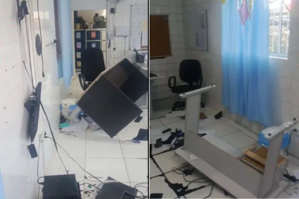 Montagem colorida mostra danos causados por pai de aluna em creche na zona norte de São Paulo.