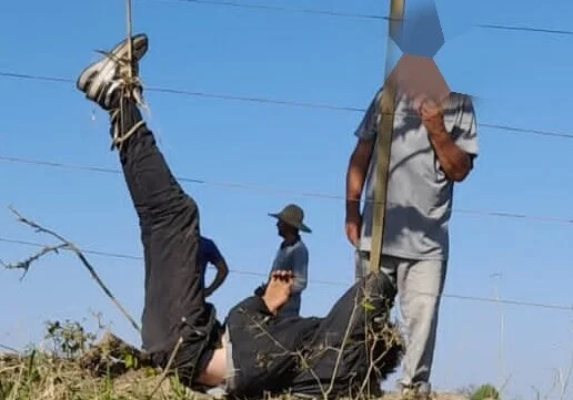 Em foto colorida ladrão com pernas amarradas em árvore e costas enconstadas no pasto com grama seca - Metrópoles