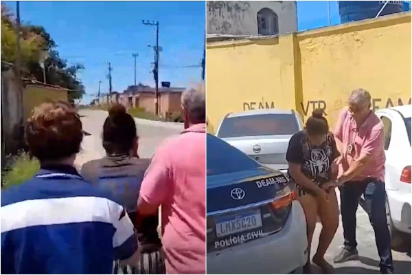 Foto colorida do momento em que mãe é presa por abusar de filho de 4 anos em Nova Iguaçu - Metrópoles