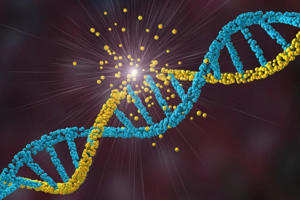 Danos ao DNA (ácido desoxirribonucleico), ilustração. Conceito de doença, distúrbio genético ou engenharia genética. Metrópoles