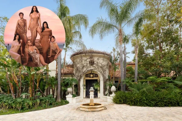 Montagem com fachada de casa e as Kardashians