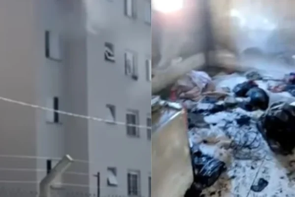 Colagem colorida de um apartamento soltando fumaça, com o interior queimado. O incêndio foi provocado por uma adolescente - Metrópoles