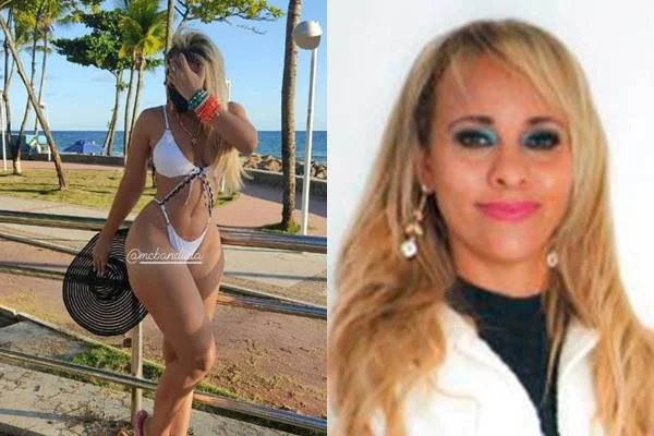 Montagem de duas fotografias coloridas: uma com mulher de biquíni e outro de rosto de loira