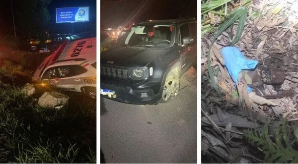 Fotos coloridas mostram carro das vítimas, arma usada pelo criminoso e viatura acidentada da PM
