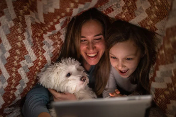 Imagem colorida de cão criança e mulher assistindo filme em família