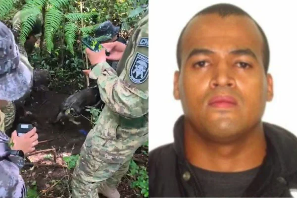 Captura de tela (esq) de vídeo que mostra polícia encontrando corpo em sítio. Suspeita é que seja do PM Fabricio Gomes de Santana (dir), de 40 anos, visto pela última vez na noite da última quarta-feira (7/1) na zona sul de São Paulo - Metrópoles
