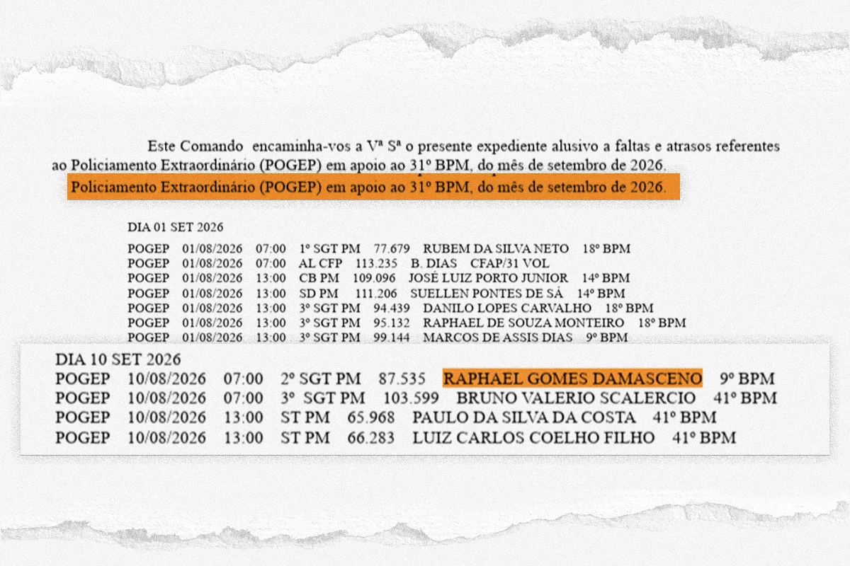 Boletim mostrando que Raphael Gomes Damasceno estava em policiamento Boletim mostrando que Raphael Gomes Damasceno estava em policiamento