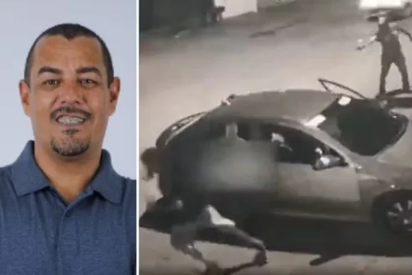 Imagem colorida, candidato a vereador é baleado, câmeras de seguraça flagram a ação