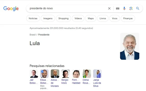 Em busca, Google mostra Lula como presidente do partido Novo