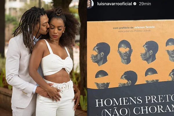 À esquerda, Luis Navarro e Ivi Pizzott; à direita, story de Luis Navarro com a capa do livro Homens Pretos (Não) Choram - Metrópoles