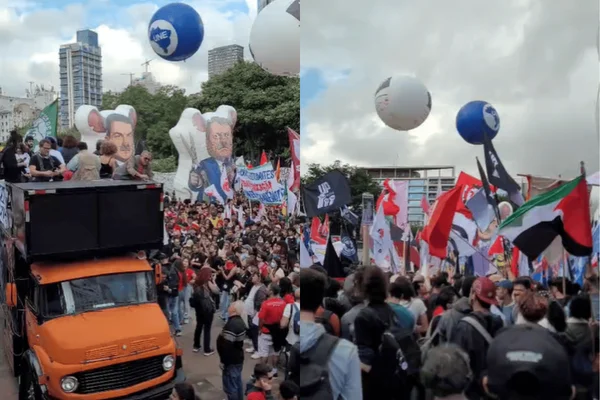 Colagem colorida de manifestação de estudantes das universidades de SP e sindicalistas na zona oeste - Metrópoles