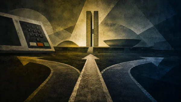 Imagens coloridas mostram arte com urna eletrônica à esquerda, Palácio do Planalto ao centro e três flechas no chão, indicando caminhos à esquerda, centro e direita