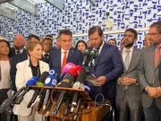 Os presidentes do União Brasil, o advogado Antônio Rueda, e do PP, o senador Ciro Nogueira (PI), anunciam desembarque do governo Lula